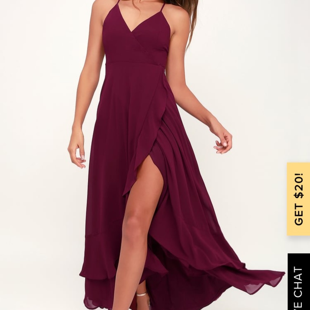Lulu’s Burgundy Lace Up High-Low Maxi Dress